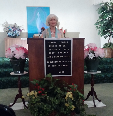 Anne Sermons Gillis speaking at Carmel Temple, South Houston, TX